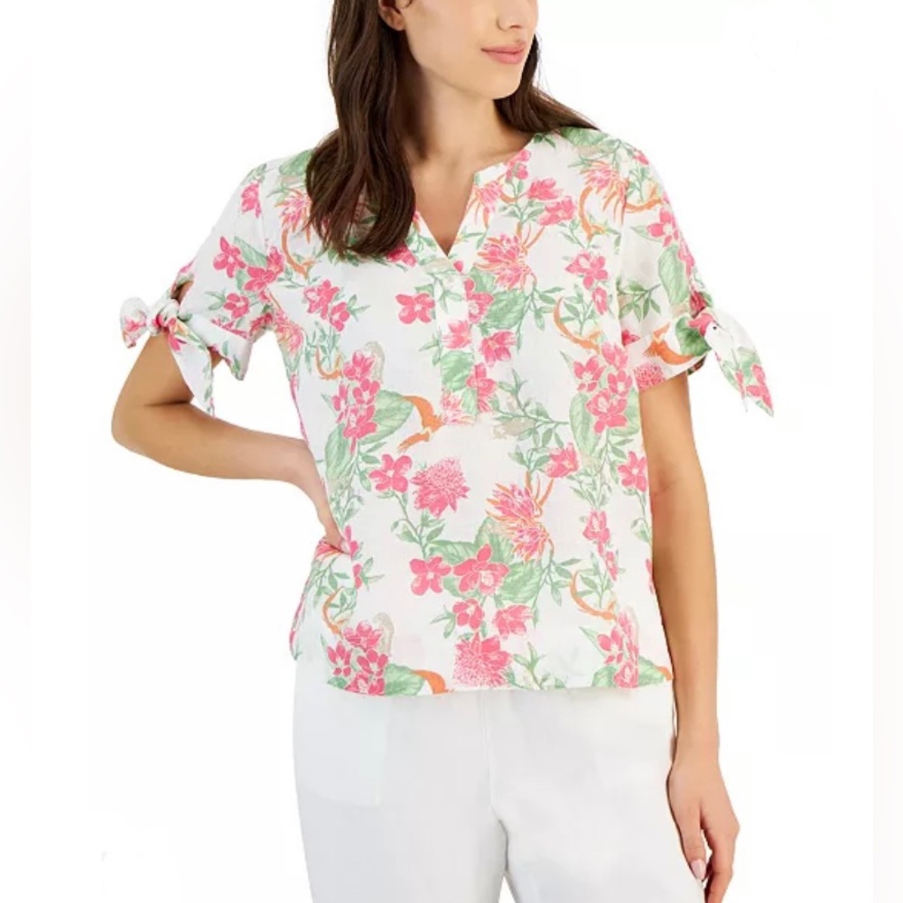 Charter Club Women's Linen Split-Neck Floral-Print Top Multicolor Size L. NWT